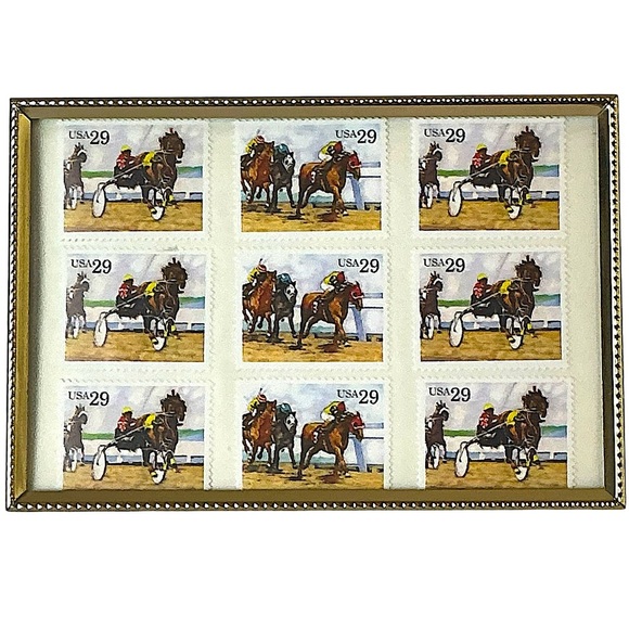 1993 Sporting Horses Harness Racing 29c Stamp Sheet of 9 in Gold Frame Stamp Art - Picture 8 of 16